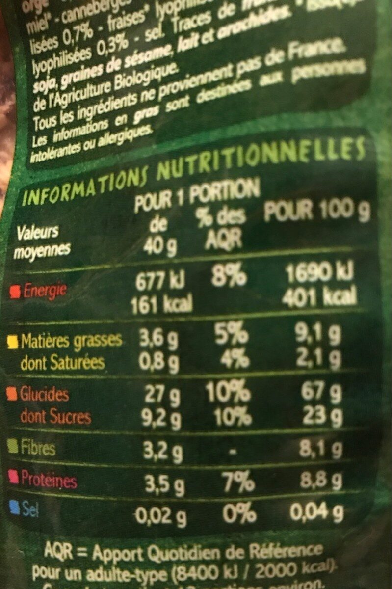 Muesli Croustillant fruits rouges - حقائق غذائية - fr