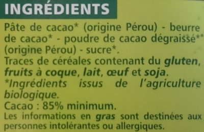 Chocolat noir dégustation 85% origine Pérou Bio - مكونات - fr