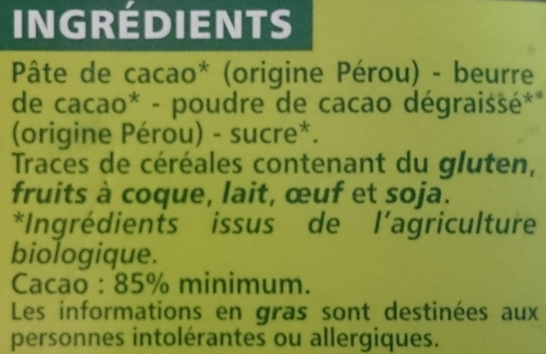 Chocolat noir dégustation 85% origine Pérou Bio - مكونات - fr