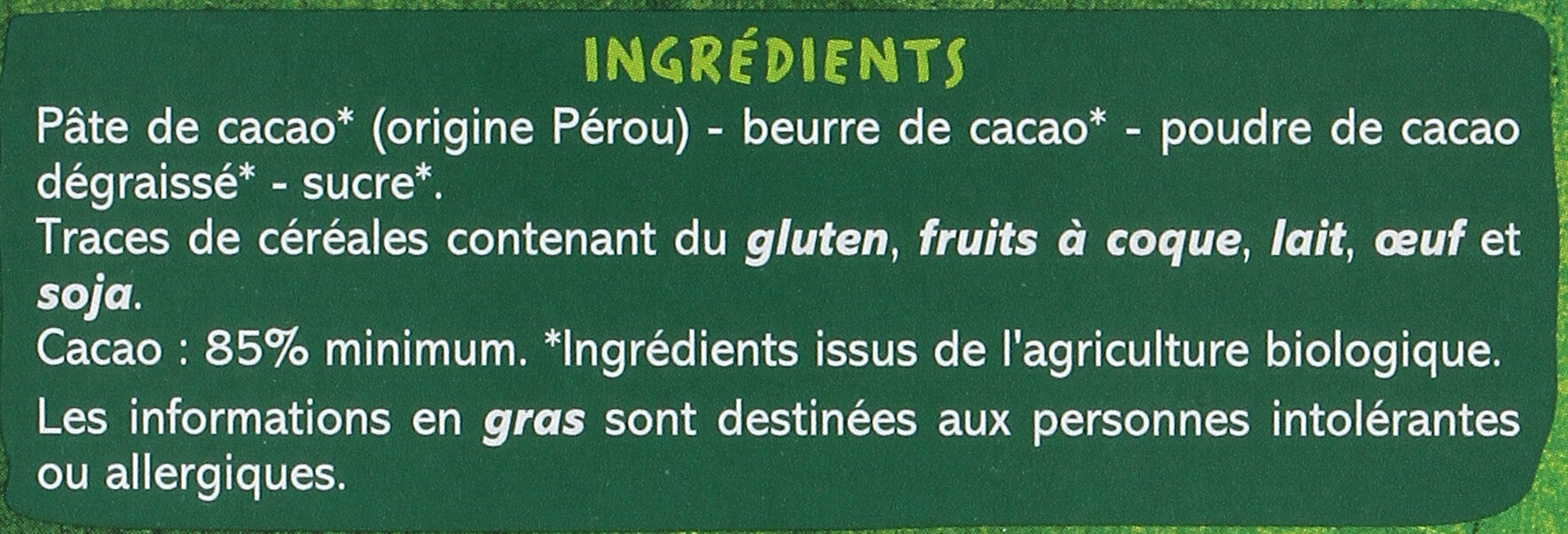 Noir dégustation Pérou BIO Fairtrade - المكونات - fr
