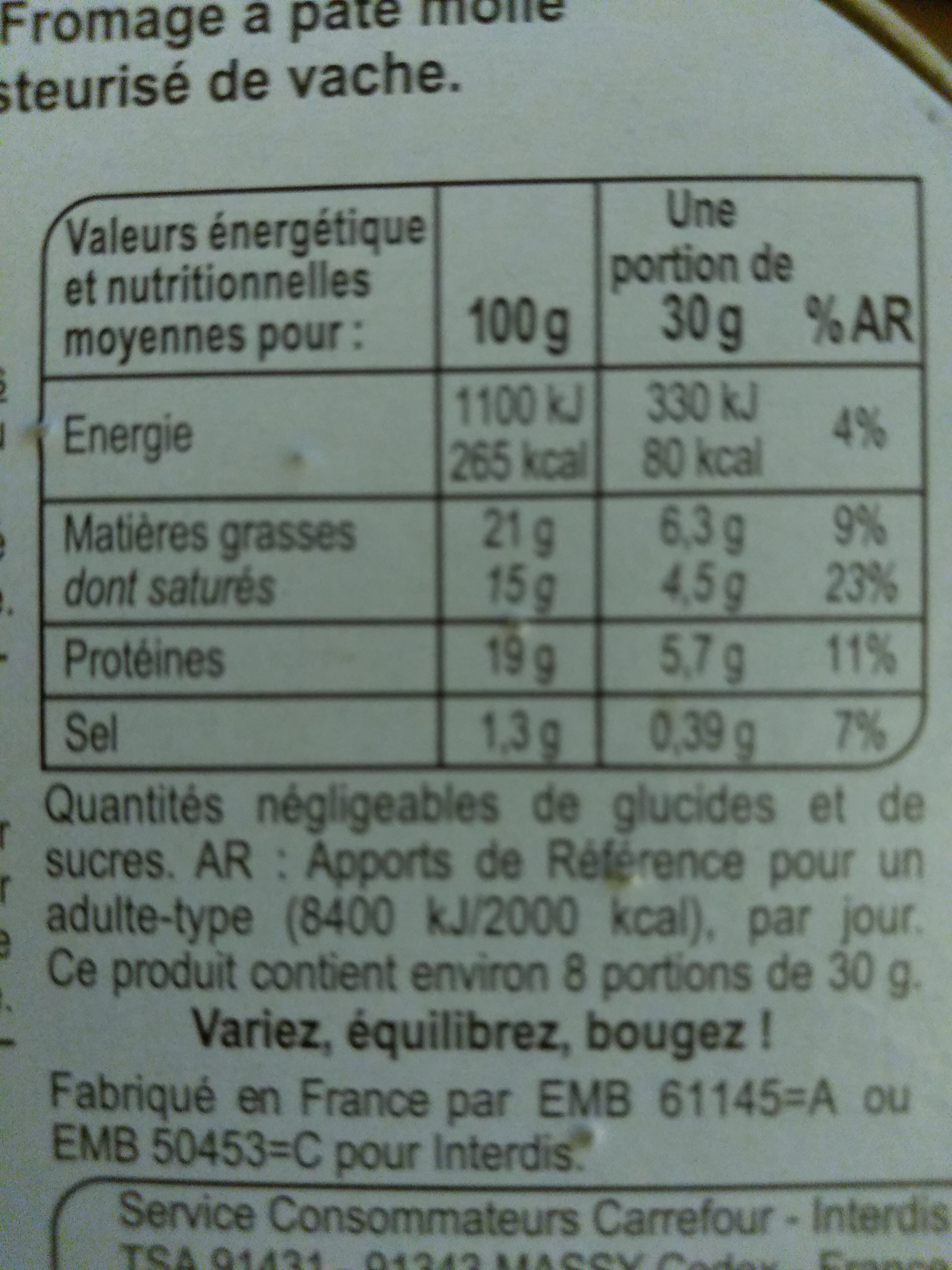 Camembert - حقائق غذائية - fr