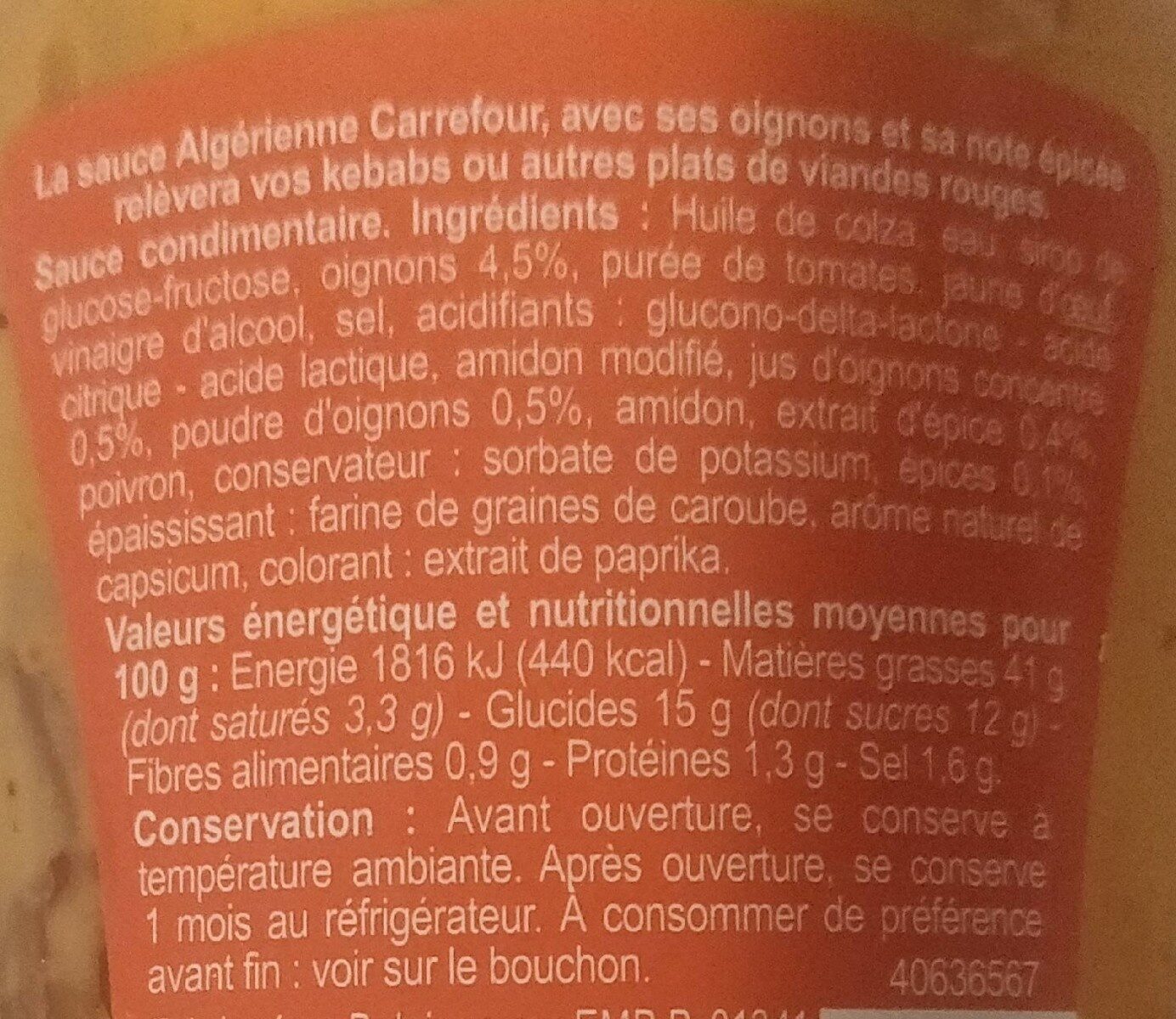 Sauce algérienne - حقائق غذائية - fr