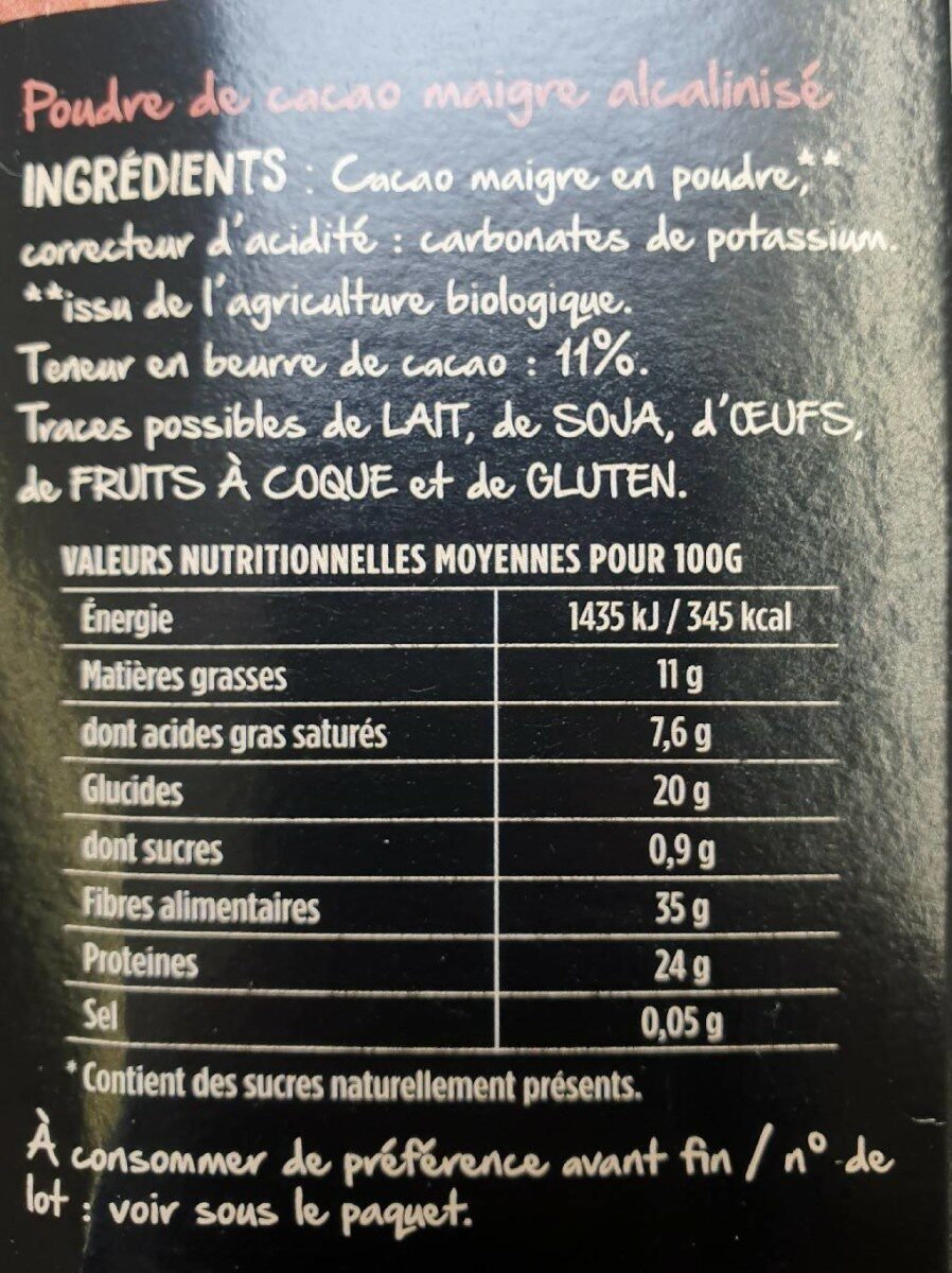 Poudre de cacao maigre - حقائق غذائية - fr