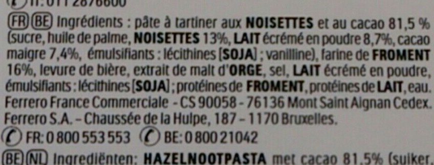 Nutella B-ready gaufrettes fourrées pâte à tartiner et cacao x6 - مكونات - fr