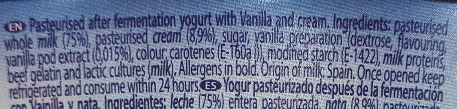 Yogur sabor vainilla - مكونات - fr